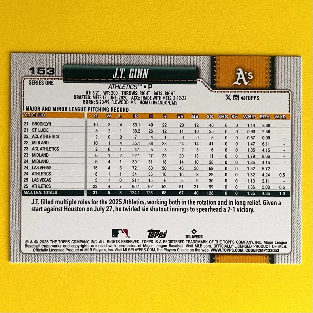 2026 Topps Series 1 J.T. Ginn #153 Silver‎ Crackle Foil Oakland Athletics